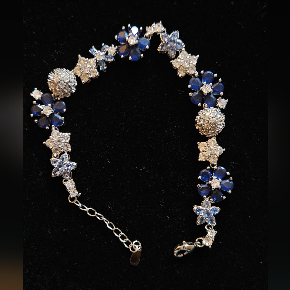 High end Blue and Silver Floral Bracelet sz7ring set